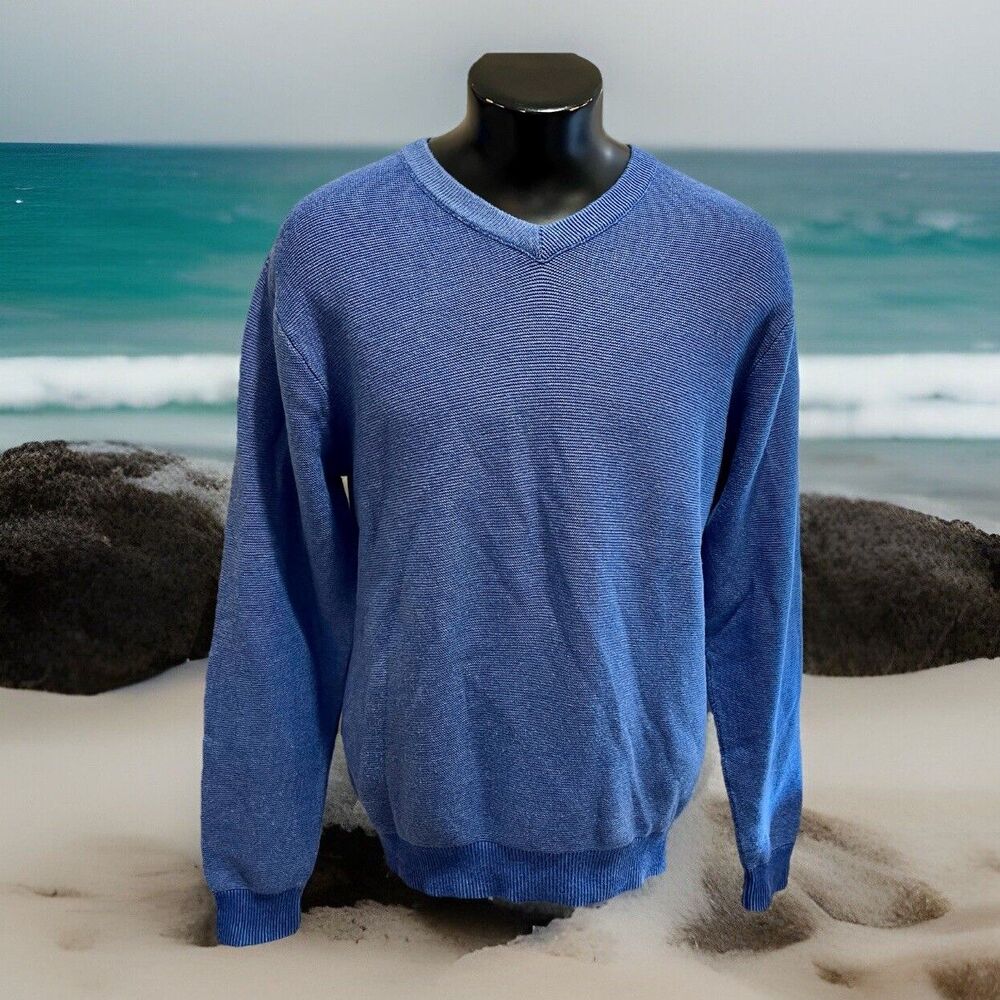 TALBOTS MENS VTG BLUE COTTON V-NECK LONG SLEEVE SWEATER MED Coastal Preppy